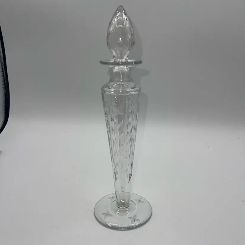 Etched Floral Prefume Bottle W Topper No Chips No Cracks 9.5” Vintage