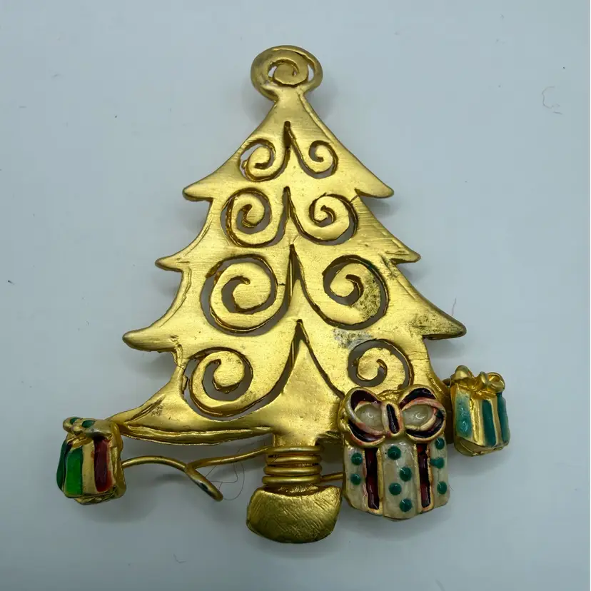 Gold Tone Modernist Christmas Tree With Presents Brooch 2.25”