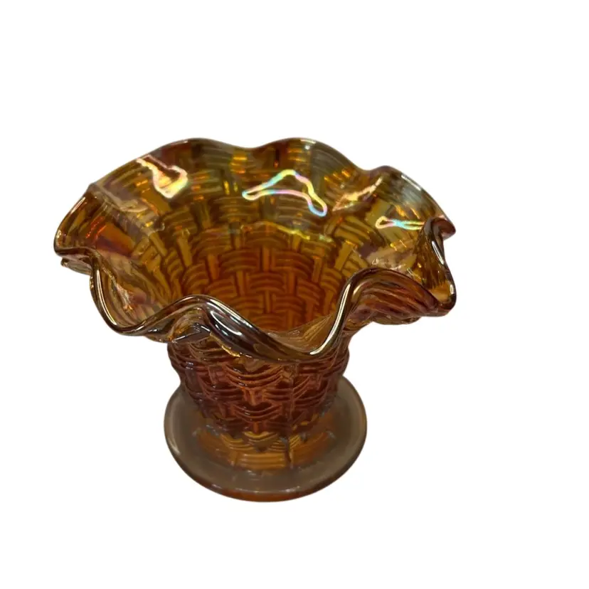 Antique Dugan Marigold Carnival Glass Squat Vase With Basket Weave Pattern Iridescent Finish Gold Peach Color
 @4” Tall 5” Wide
