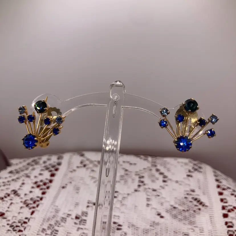 Gold Tone Blue Rhinestone Clip On Earrings! Made In Austria! 3/4”