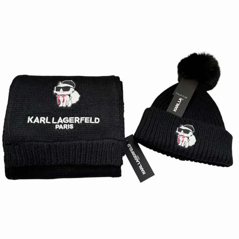 NWT Karl Lagerfeld Paris Choupette French Cat Knit Scarf & Pom Pom Hat Set