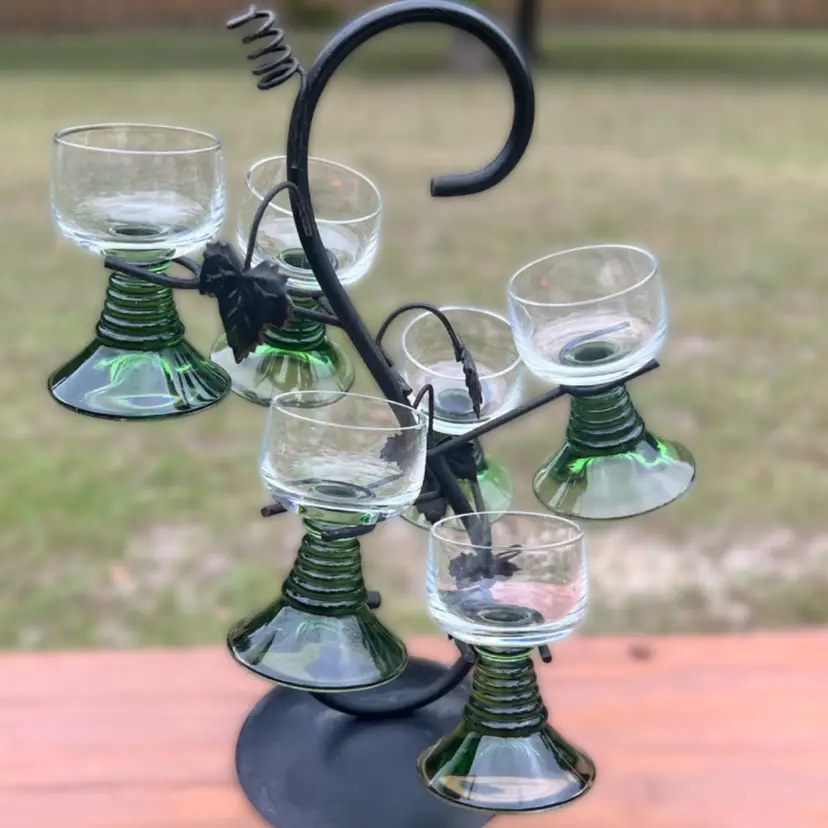 💎German Römer Cordial Glasses On A Wrought Iron Stand