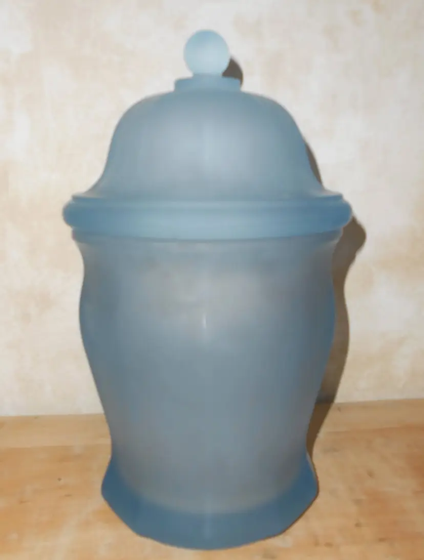 Vintage Indiana Glass Tiara Apothecary Jar with Lid Blue Frosted Canister 10”
