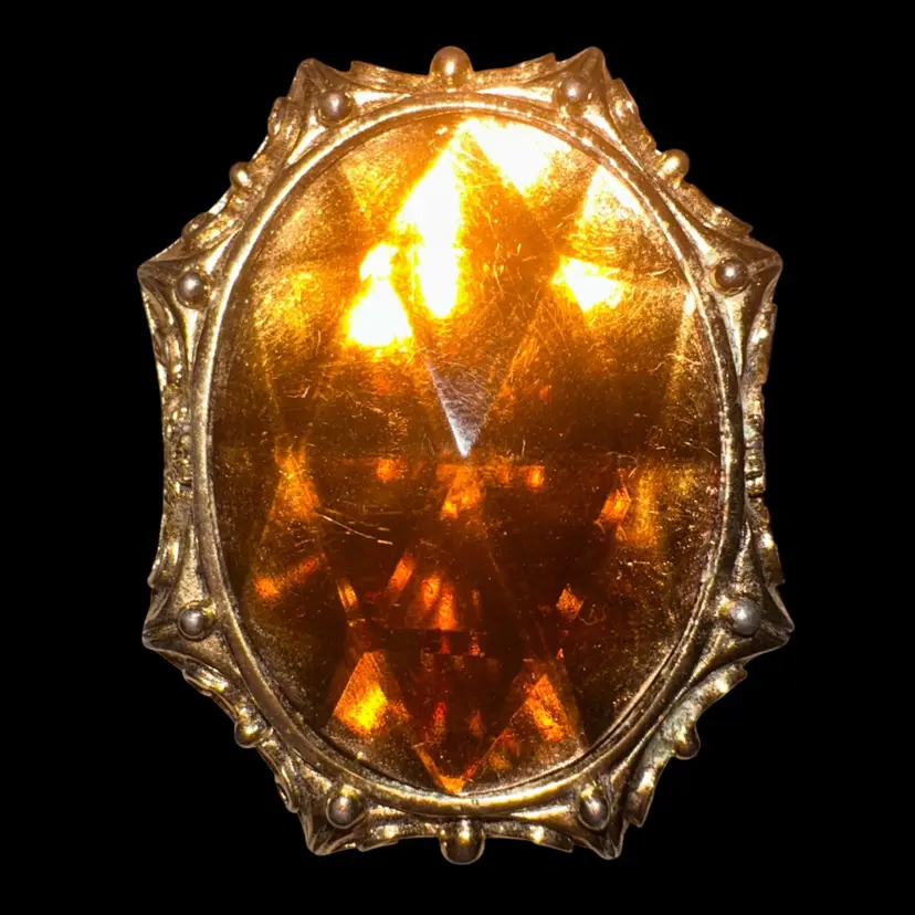 Gold Tone Faceted Amber Stone Brooch