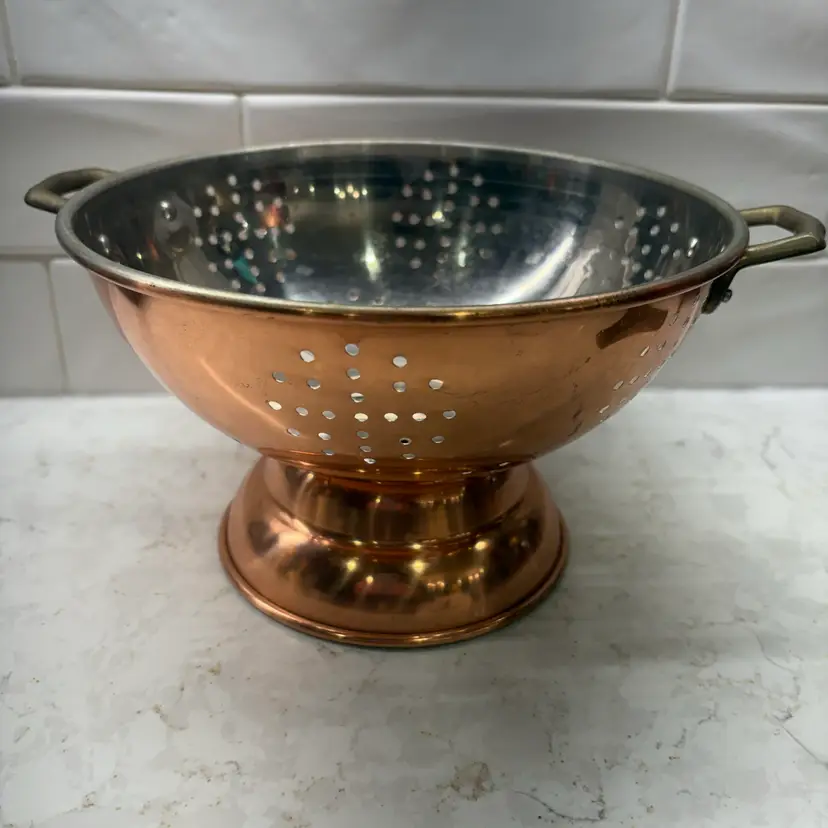 Vtg Solid Copper Colander Footed Pedestal Brass Handles Stainless Lined Korea