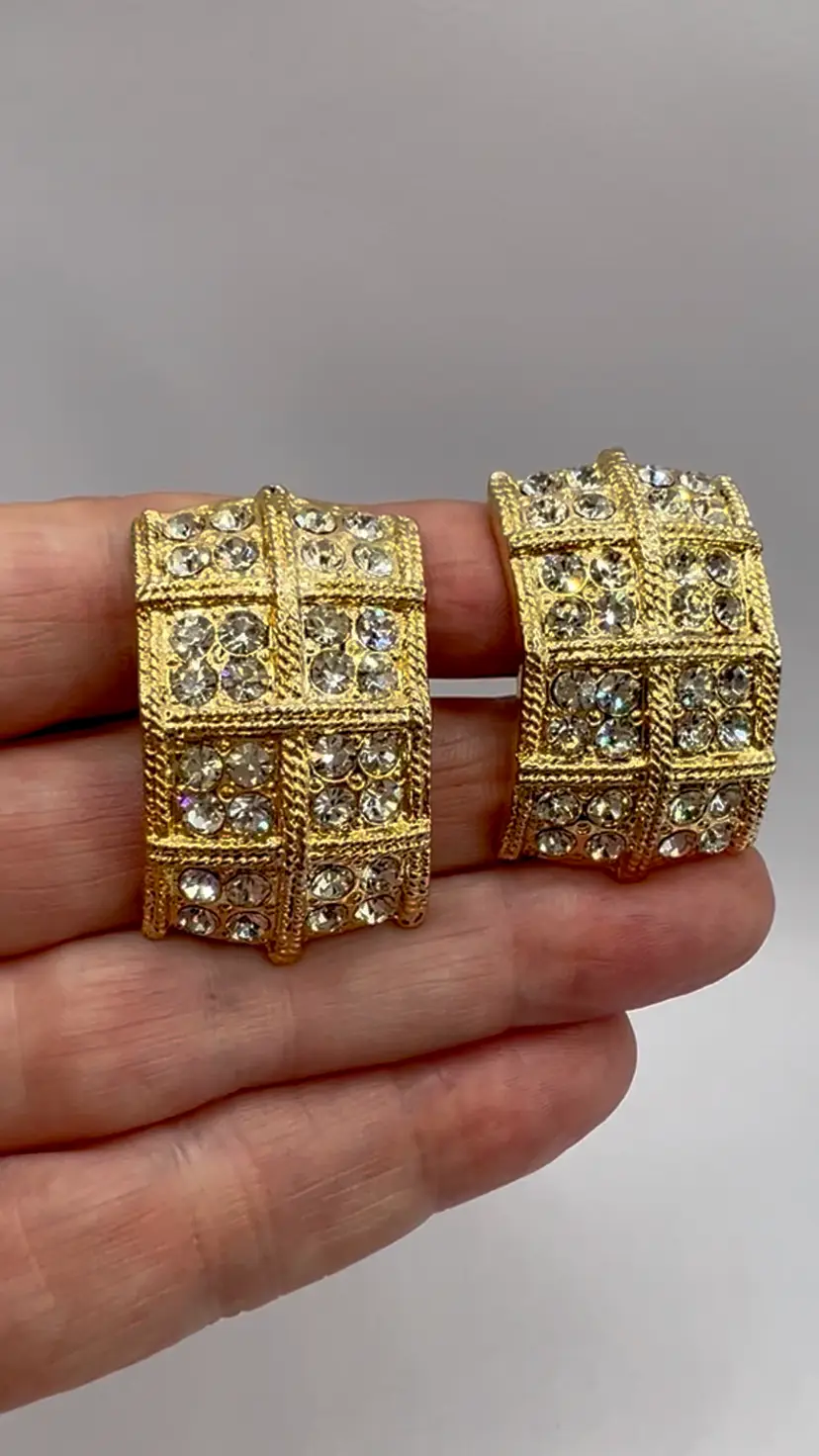 Vintage Gold Tone Textured Pave Set Clip On Half Hoop Earrings Wide Chunky