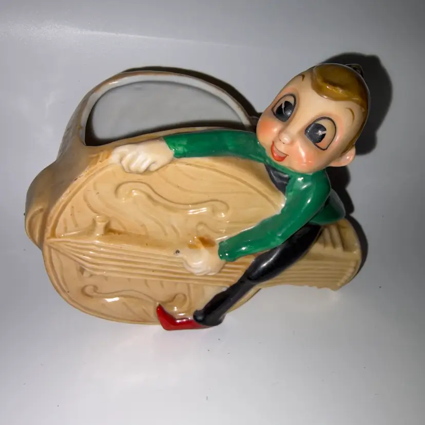 1950’s Acme China- Elf with Cello- Planter- Vintage Ceramic Pixie Musician Planter-4”