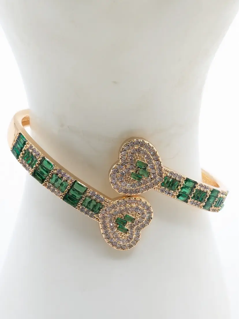 Gold Tone Heart Bypass Bracelet Faux Emerald Rhinestones NWOT