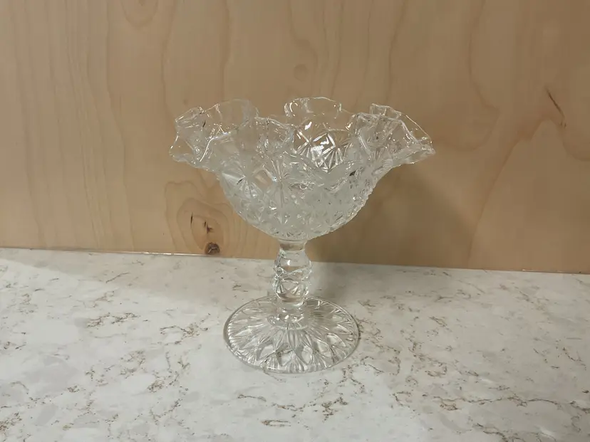Vintage Fenton clear glass compote 1970s diamond pattern crimped rim
