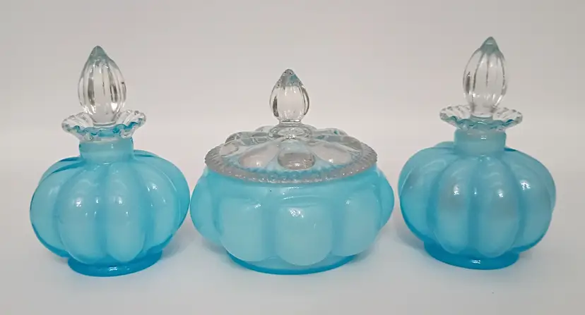 3 pc Vintage Fenton Dresser Set ~ Blue Melon Design ~ Powder Jar & 2 Perfumes