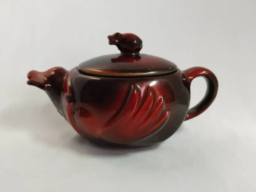 Vintage Redware Mother Duck and Baby Dish with Lid and Handle.