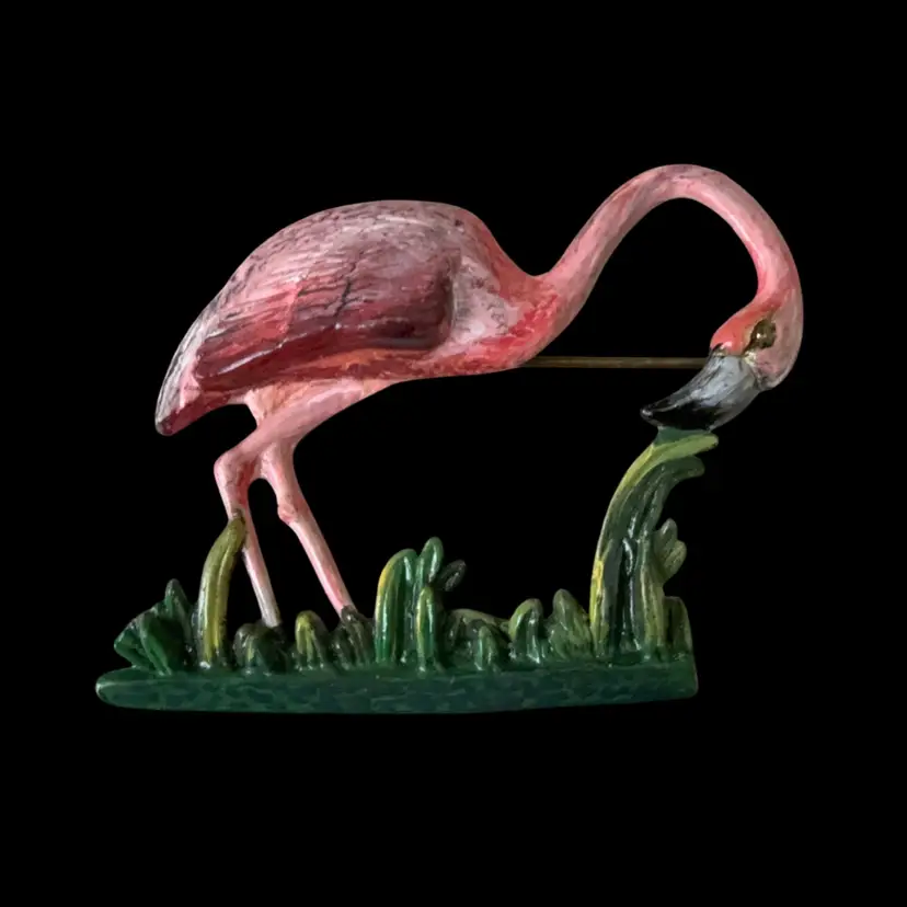Stunning Vintage Enamel On Brass Flamingo Brooch 2”x 2”