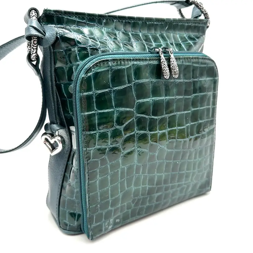 Brighton Sonny Green Patent Leather Crocodile Pattern Shoulder Bag 9x9.5x3 21”strap