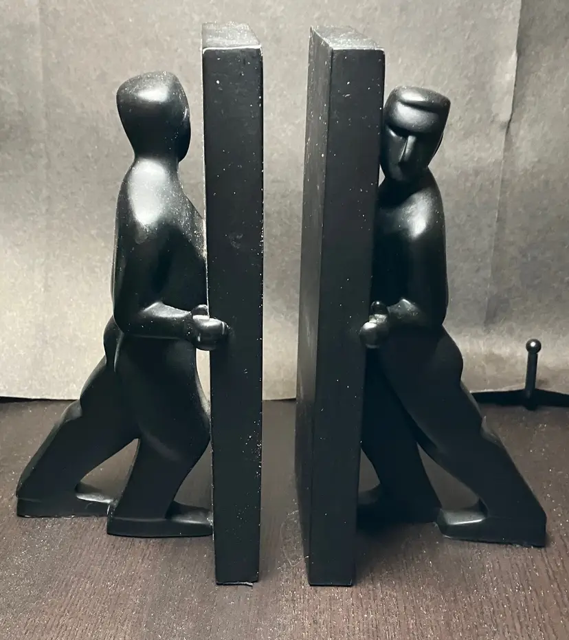 Matte Black Resin "Pushing Men" Bookends Chris Collicott for Kikkerland Art Deco