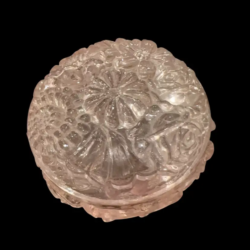 #PnB Train Item - Fenton Art Glass Powder Jar Trinket Box with Lid Transparent Pink Floral AS IS