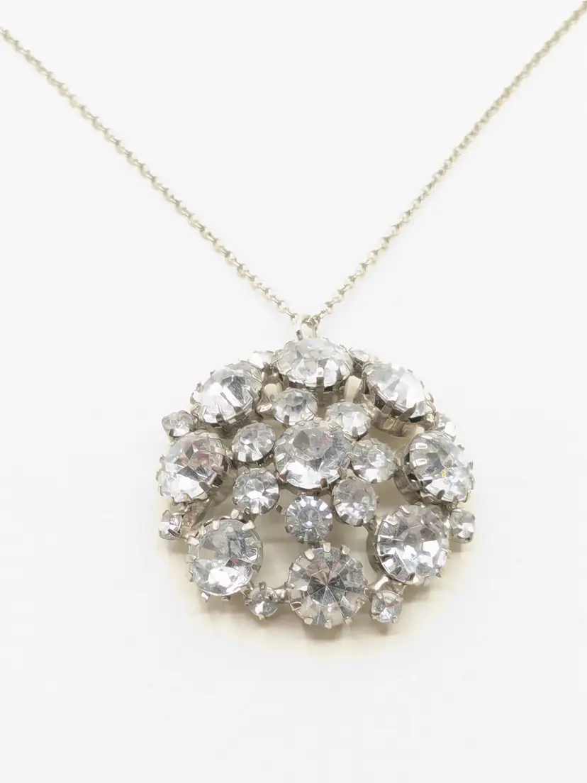 Vintage Silver Tone Domed Rhinestone Cluster Pendant Necklace