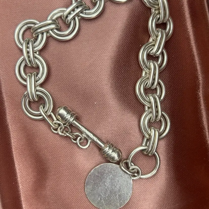Vintage MEX 925 Sterling Silver Heavy Rolo Link Toggle Bracelet 7” Engravable Disc Charm