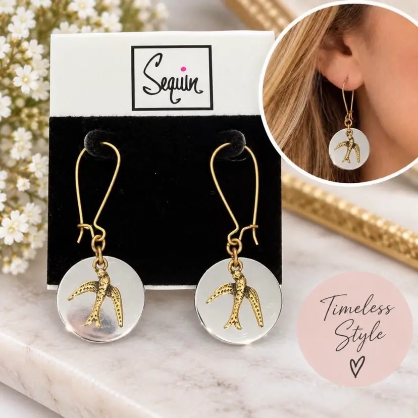 Nordstrom Sequin Gold Silver Bird Swallow Dangle Drop Disc Earrings New Gift