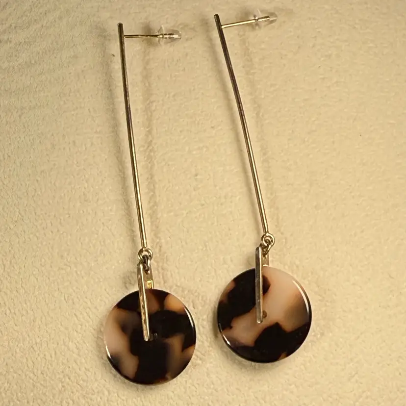 Faux Tortoise Shell Disk Modernist Earrings 3”