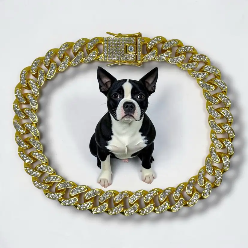 Pet Dog Metal Gold Chain Rhinestone Cuban Collar Link Luxury Necklace Collar 12 Inches