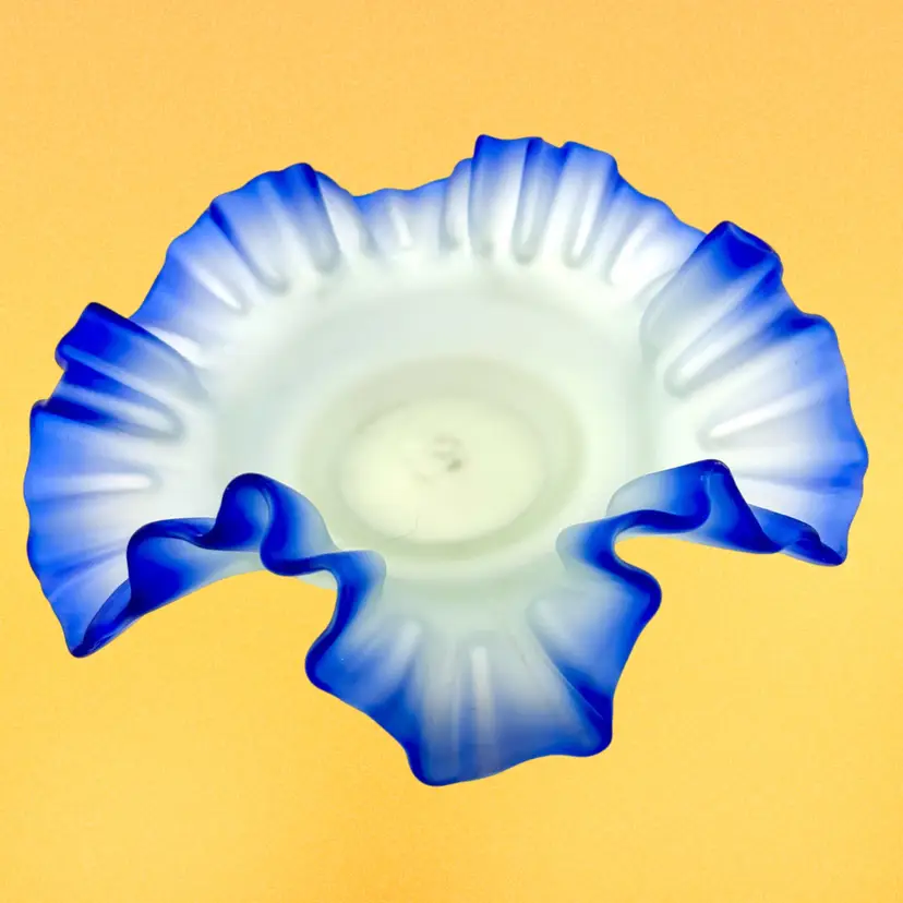 Antique Blue & White Glass Bridal Bowl/Basket 7.75” Wide x 2.5” Tall