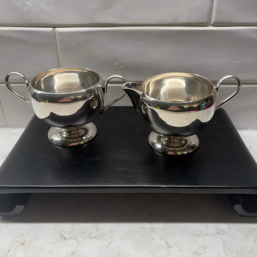 Vtg B.M.C. Silverplate Creamer & Sugar Bowl Set Pedestal Footed MCM Lion Mark