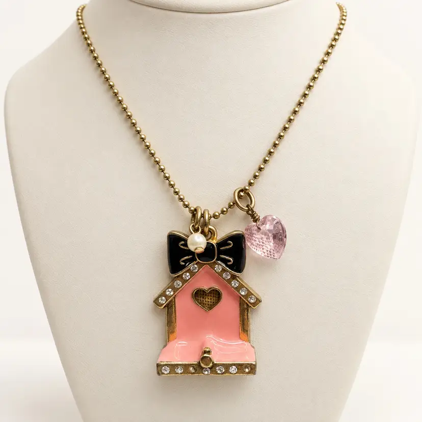 Betsey Johnson Pink Enamel Birdhouse Necklace with Black Bow & Rhinestone Accents