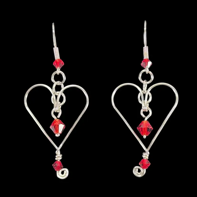 Mark ~ Avante Jewelry Wire HEART Red Crystals Pierced Earrings Silver Plated