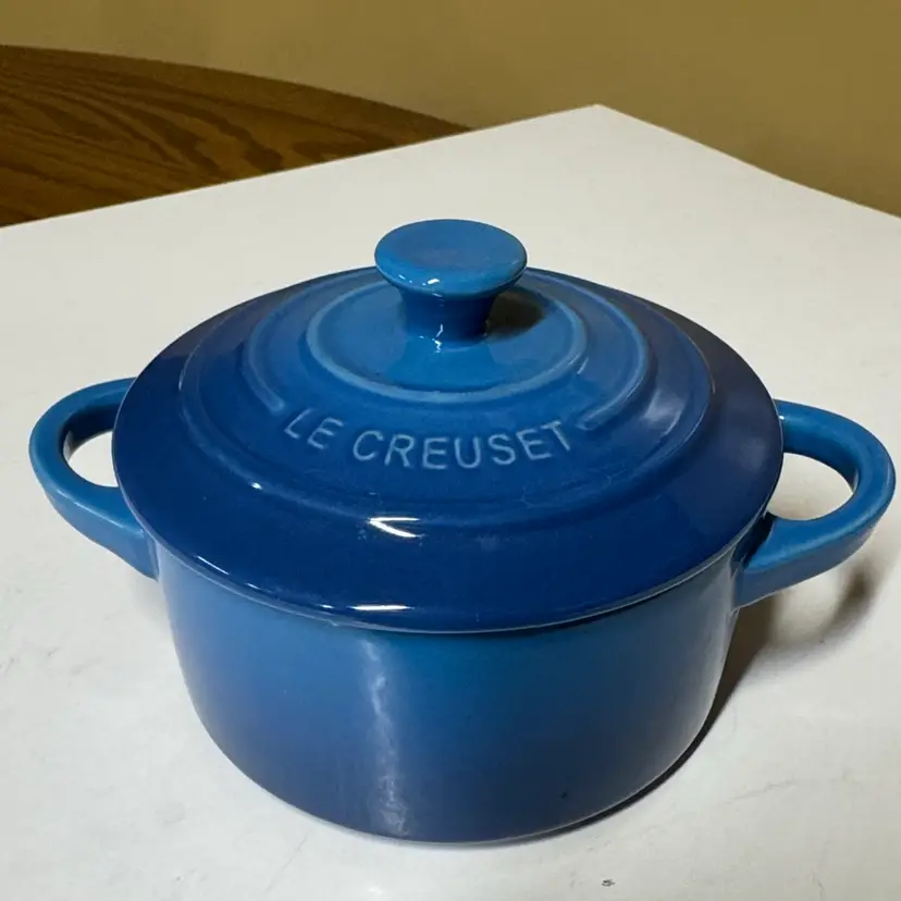 Le Creuset Mini Round Cocotte Marseille Blue Stoneware with Lid 8 oz