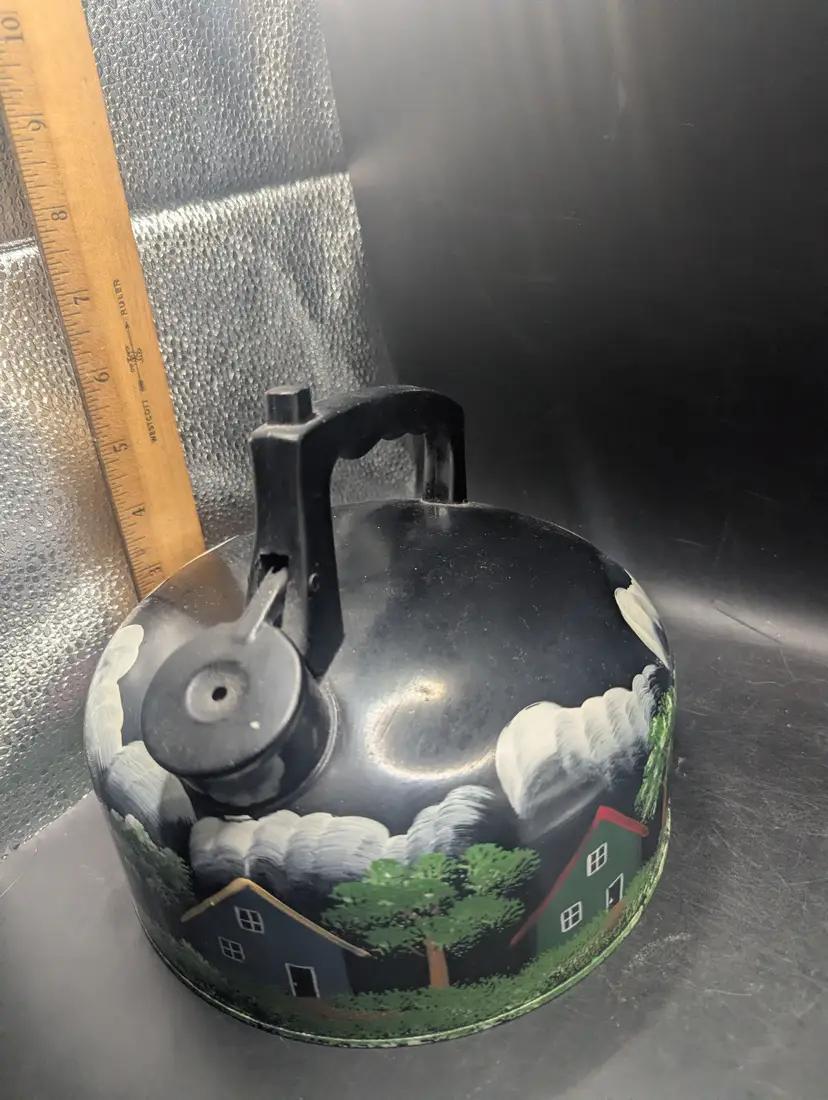 Vintage Stainless Steel Whistling Teapot Hand Painted With Cabins in the Woods Design