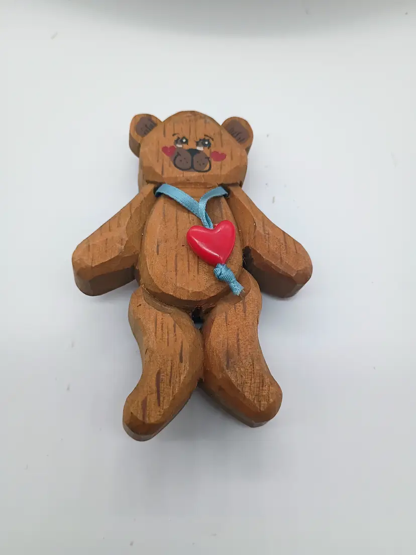 Vintage Wood Teddy Bear with Heart Christmas Ornament Hand Painted Dated 1988