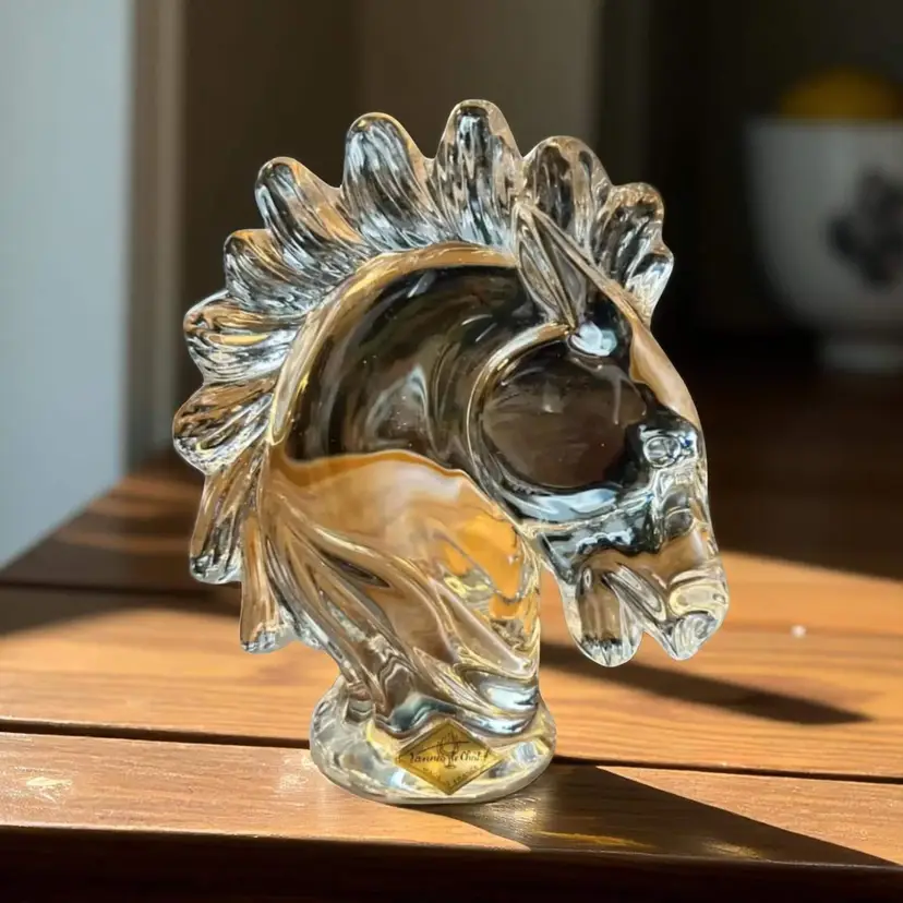 Vintage Vannes-le-Châtel Crystal Horse Head Figurine, French Art Glass Sculpture, Mid Century Modern Decor, Clear Crystal Animal Figure