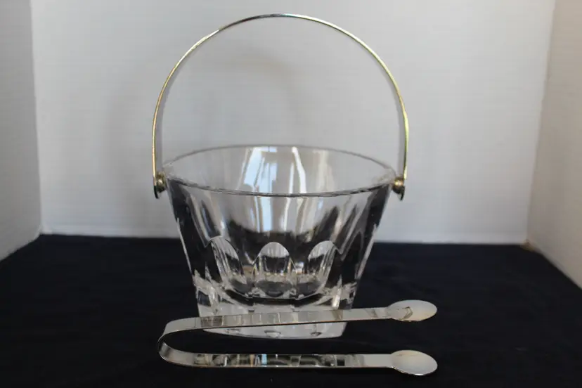 Vintage Colle Italian Lead Crystal Ice Bucket With Silver Handle & Oneida Tongs