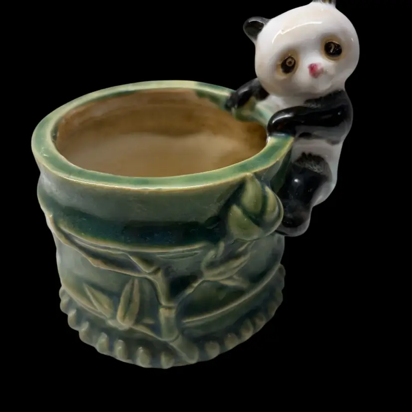 Vtg Ceramic Panda Bamboo Planter B-614 Small Green Bamboo Pot Panda