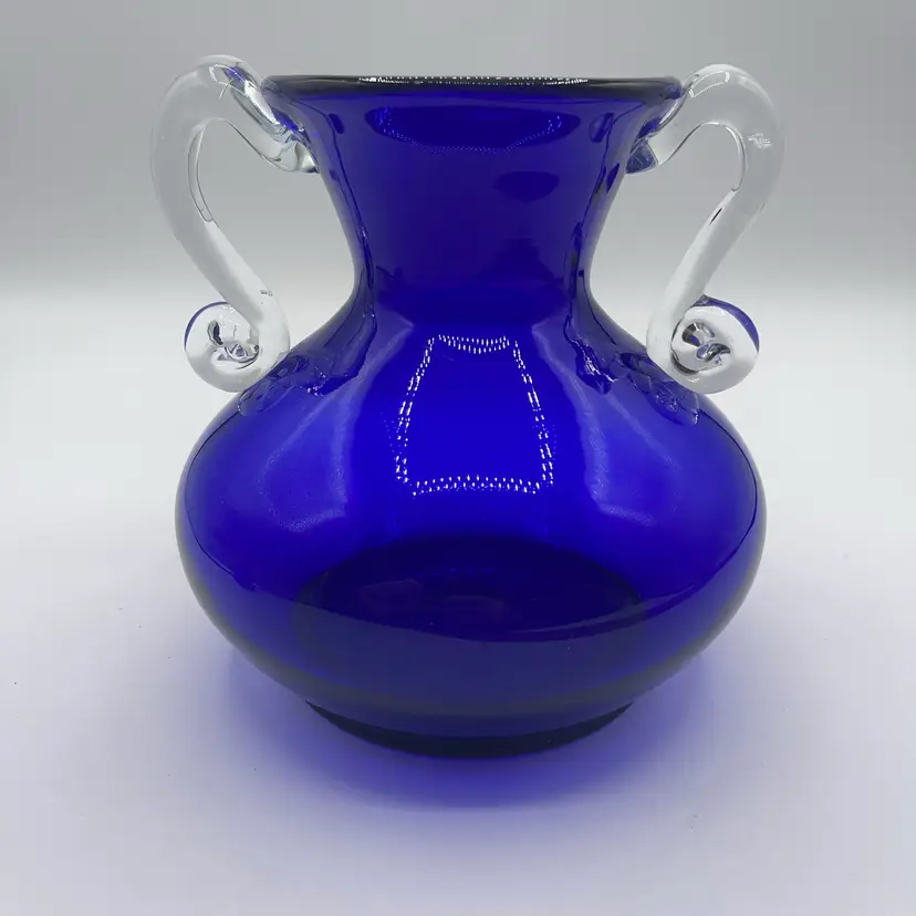 Vintage Cobalt Blue Handblown with Clear Handles Vase 6.5” Tall