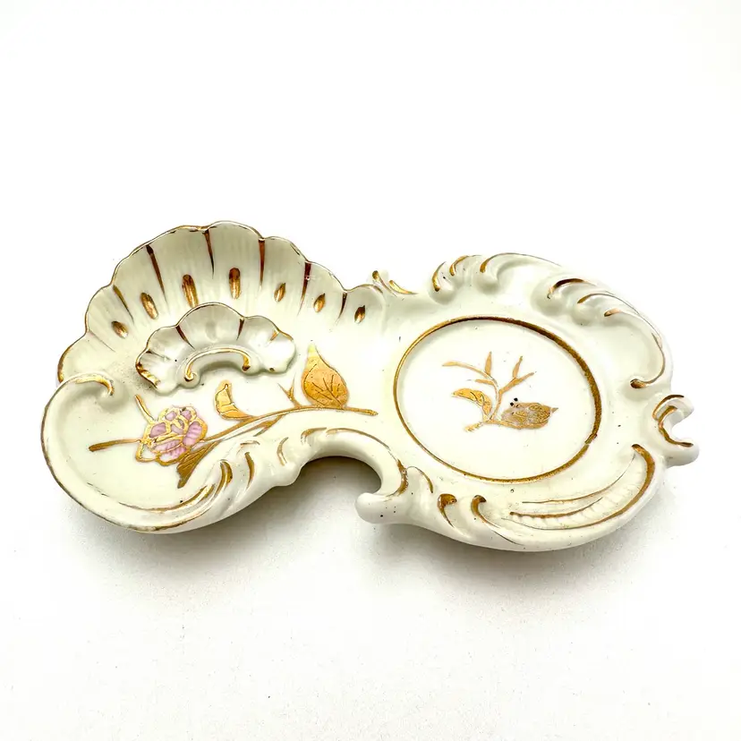 Porcelain Trinket Ring Dish Floral Gold Accent 5.5” X 3”