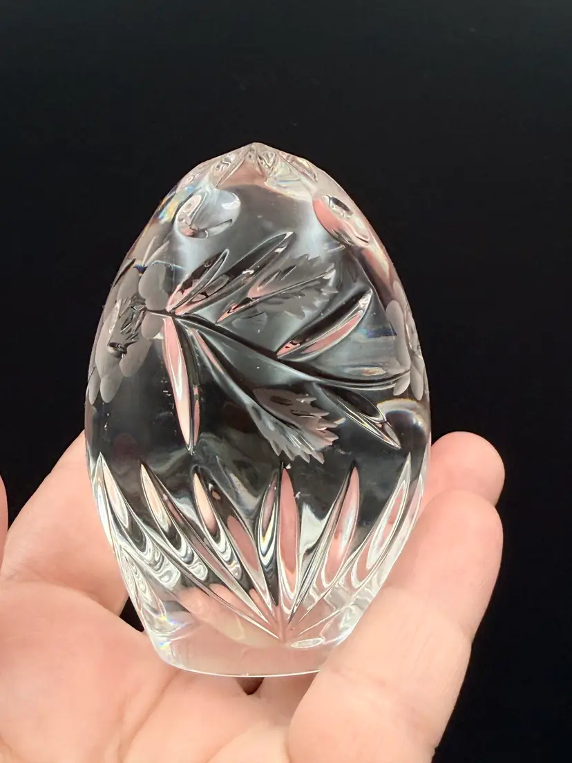 Vintage Hand Cut Lead Crystal Egg Paperweight Clear Frosted Floral Vine European