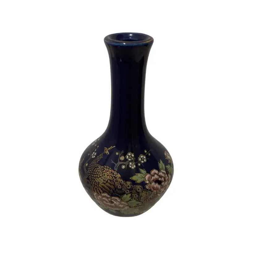 🎉Mini Japanese Cobalt Blue Vase With Peacock & Floral Design