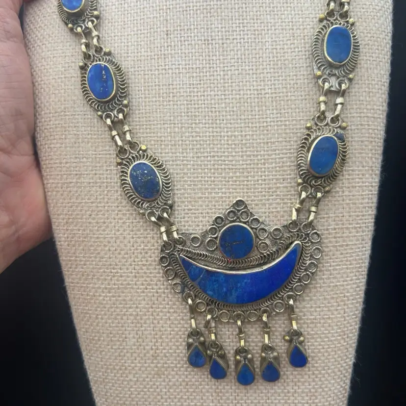 #01 Vintage Lapis Lazuli Tribal Statement Necklace 22” Silver Tone Tuareg Style Crescent Bib Dangles