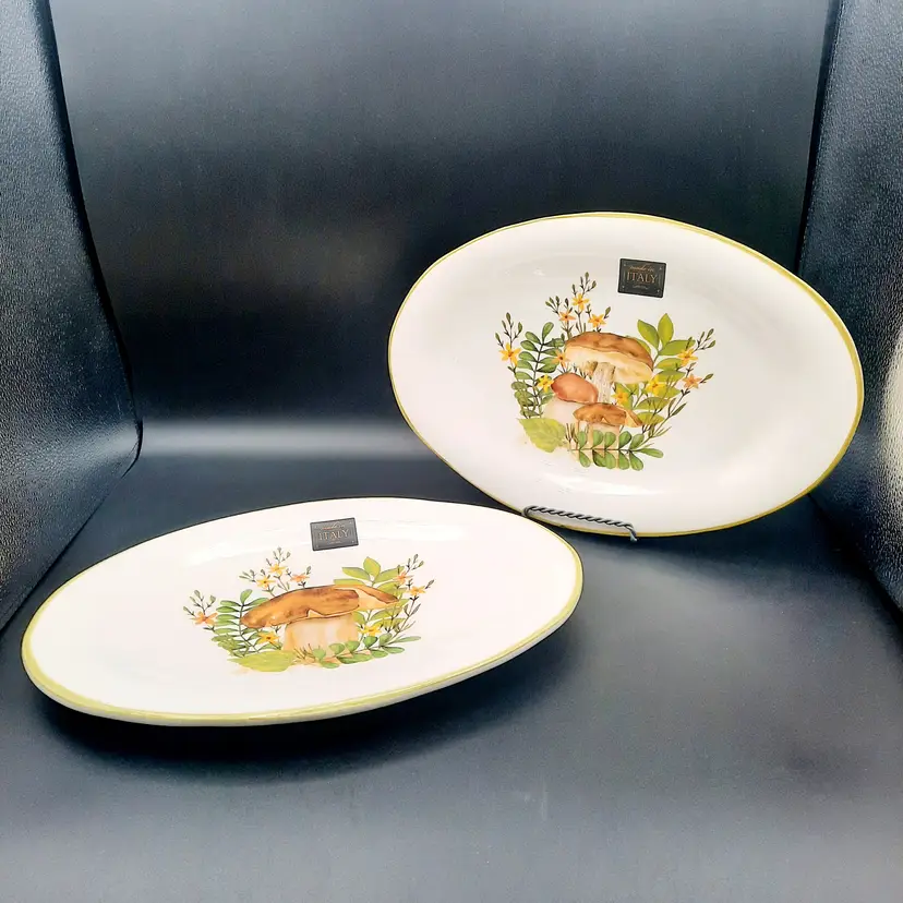 Mushroom Serving Plate Platter Oval Ceramica Cuore Italy Set of 2 Designs