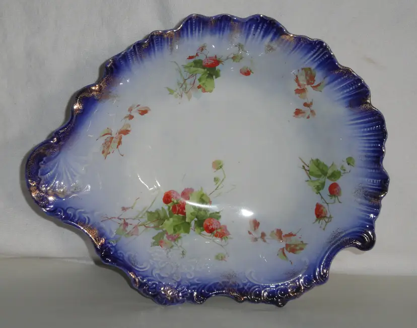 Antique Flow Blue Labelle Serving Plate/Bowl ~ Strawberries ~ Wheeling Pottery