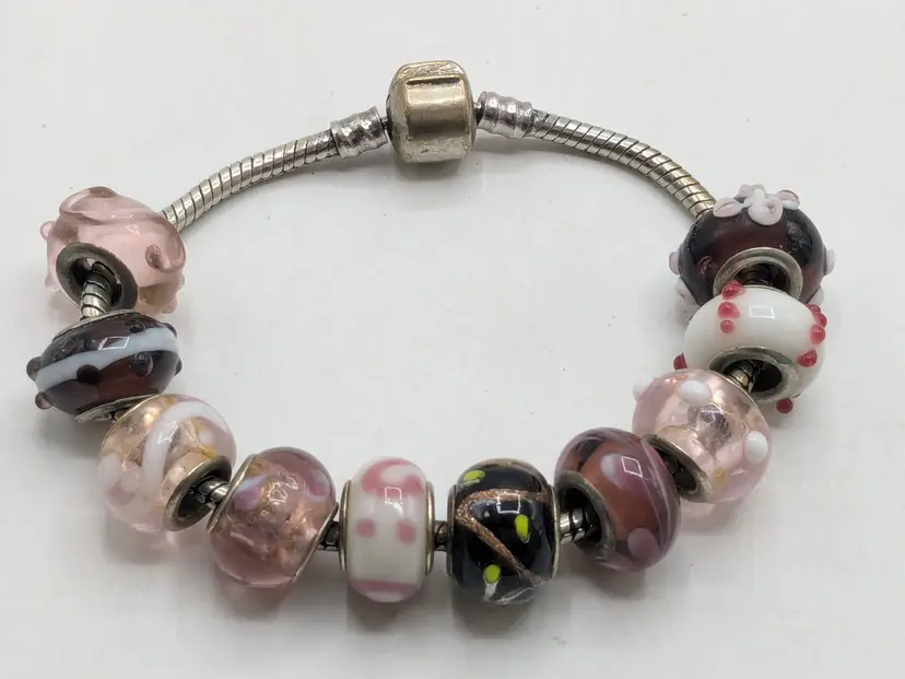 Vintage Silver Tone Bracelet with Pink Black White European Charms