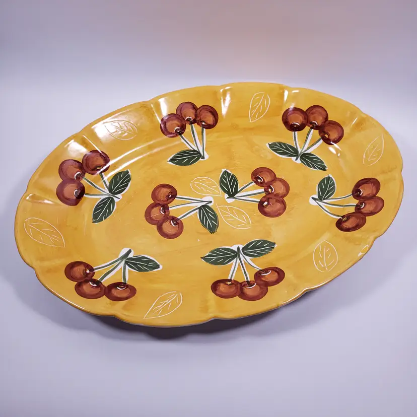 Vtg Large POTTERY BARN Red Cherry Fruit Yellow Farmhouse Ceramic SERVING PLATTER