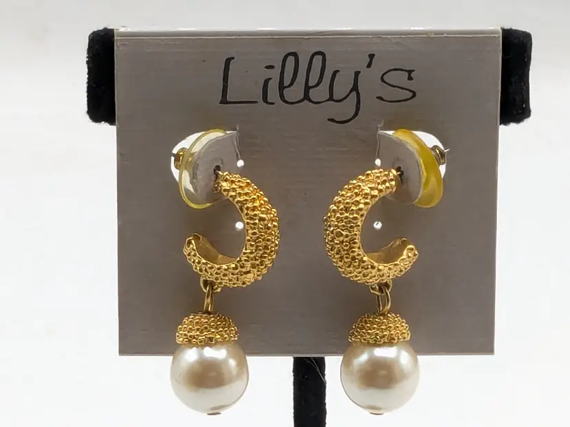 Lilly's Gold Tone Half Hoop Faux Pearl Drop Pierced Earrings NOS