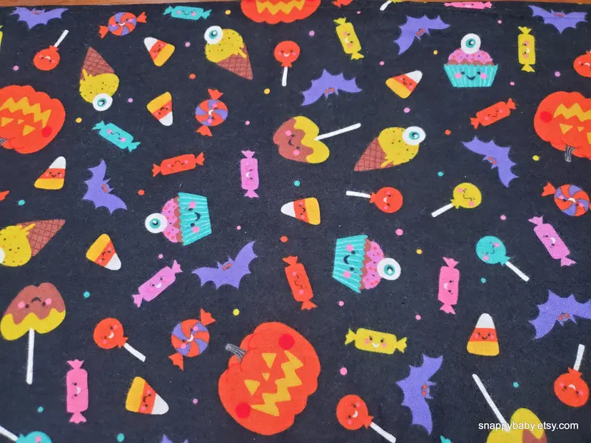 Halloween Candy on Black Flannel Fabric Remnant - 100% Cotton - Choose Size - Soft Craft & Quilting Fabric