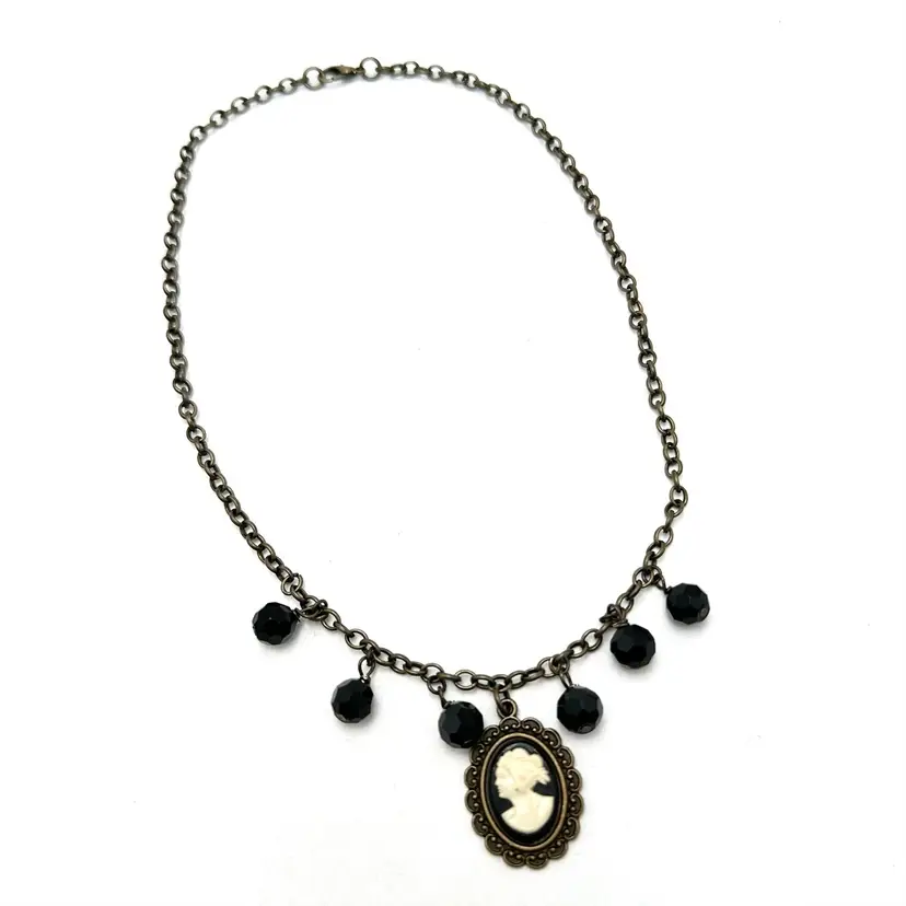 Cameo Necklace Black Glass Beads Antique Gold Tone Made By Me 16” L