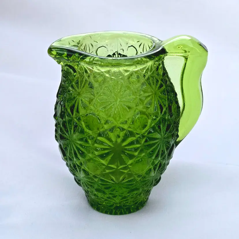 Mini Glass Pitcher Toothpick Holder Daisy & Button Pressed Pattern Green 2½" Tall