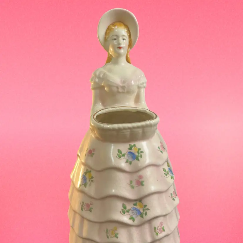 Perfectly Imperfect! Hand-Painted-Made in Japan. Southern Belle w/ Bonnet-In Tiered Long Dress w/ Florals-Holding a Basket