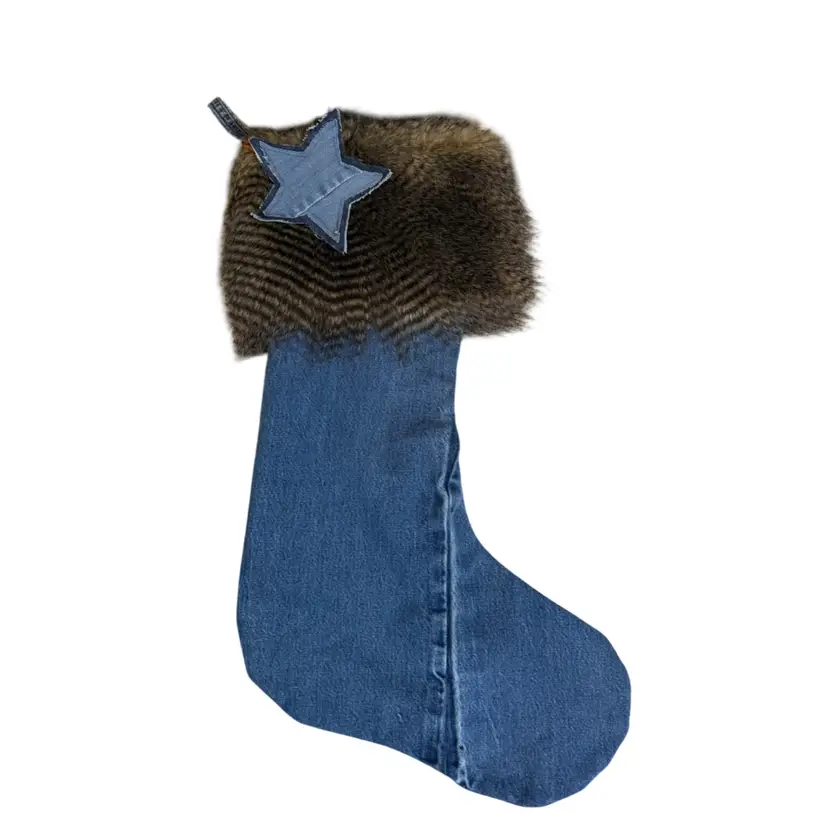 Upcycled Recycled Denim Christmas Stocking with Faux Fur Cuff | Rustic Holiday Decor | Handmade