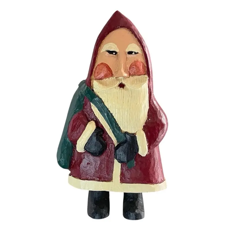 Santa with Sack Hand Carved Wooden Figurine VTG Primitive Christmas Handmade